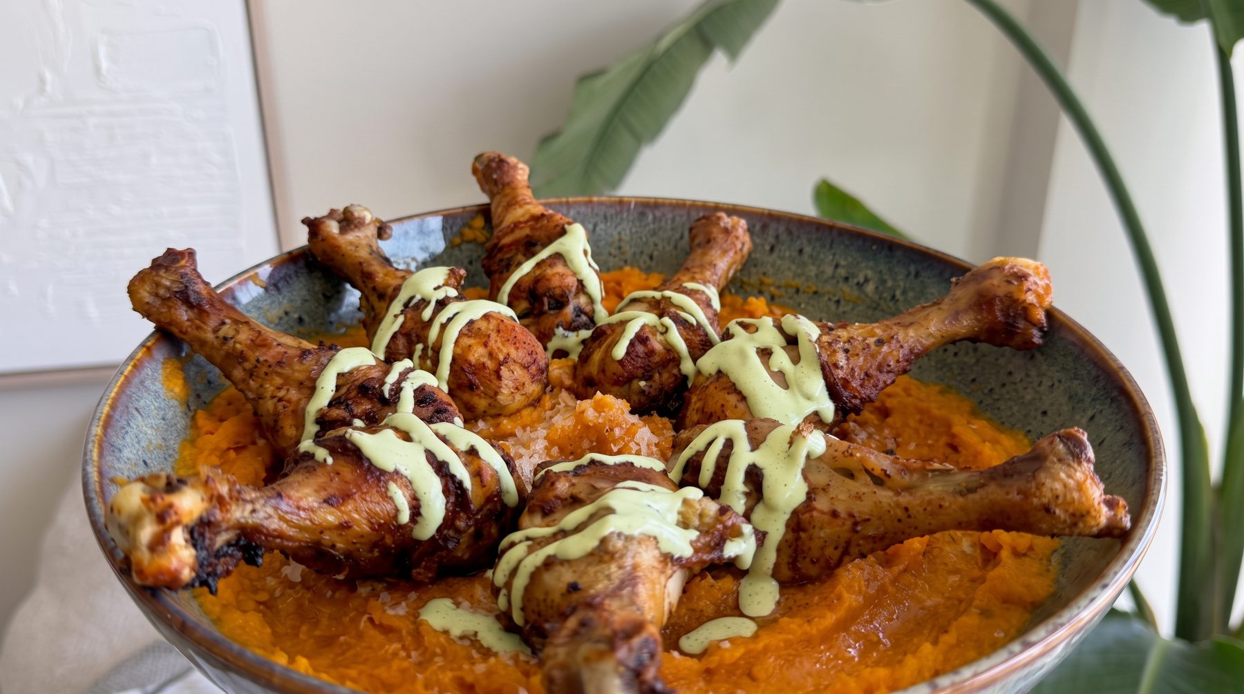 Crispy Air Fryer Chicken Drumsticks with Herb Sauce and Sweet Potato Puree