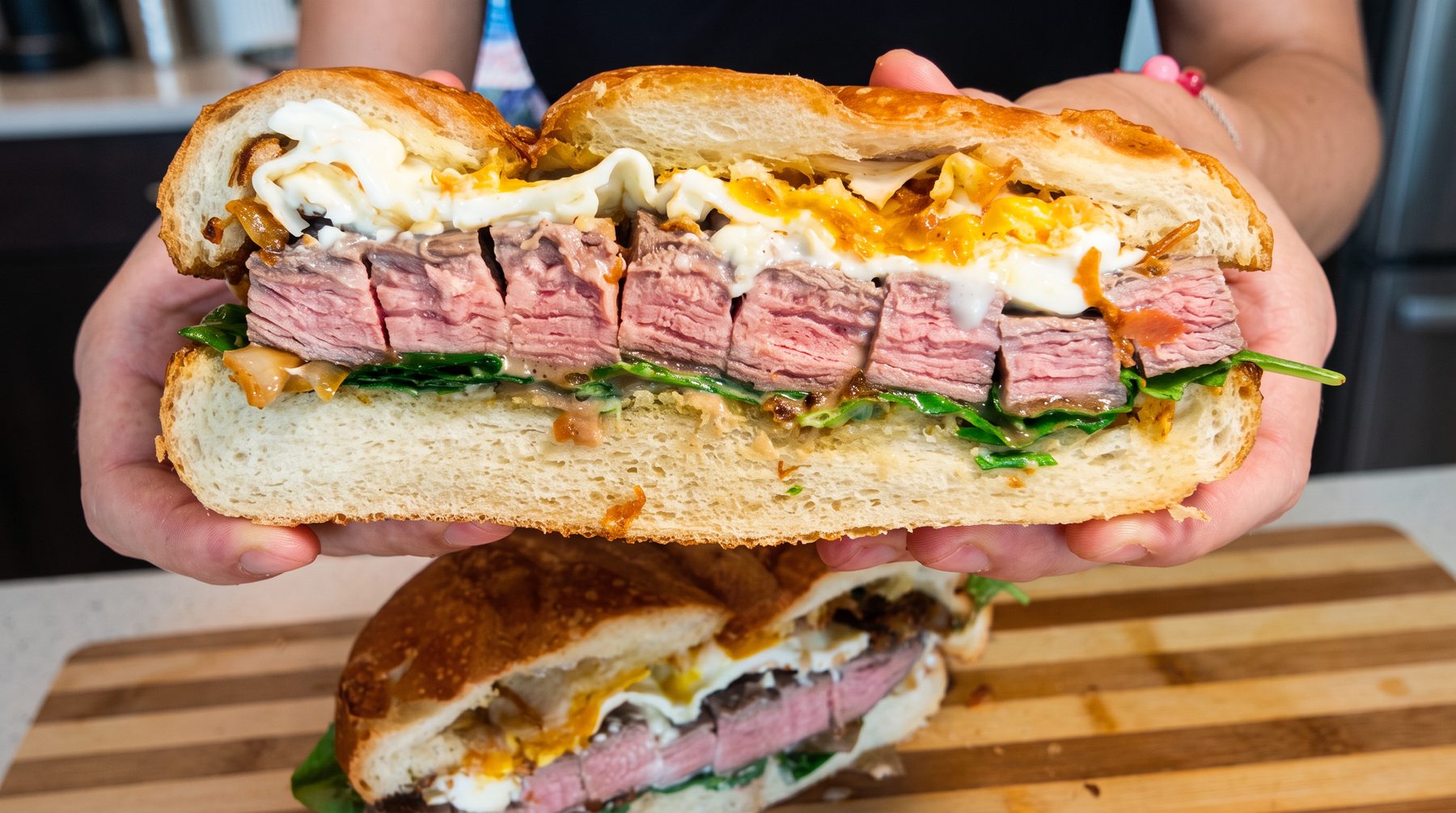 Indulgent Steak Sandwich with Burrata, Fried Egg and Confit Garlic