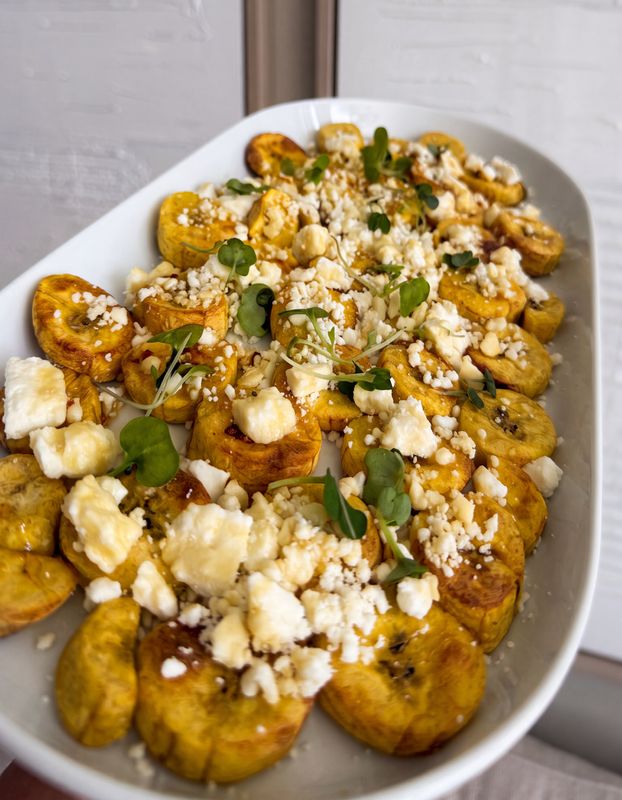 Green Plantain Bites with Feta and Spicy Honey